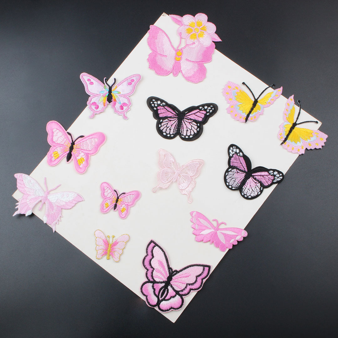 粉色蝴蝶套装刺绣布贴衣服衬衫装饰补丁补洞电脑绣花熨烫贴标批发