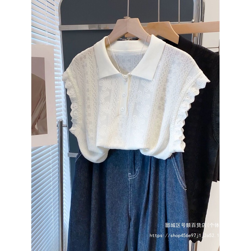 Lace Collar Lace Knit Shirt for Women, New Summer Style, Large Size, Loose, Lazy Style Top, Thin Short-Sleeved Shirt