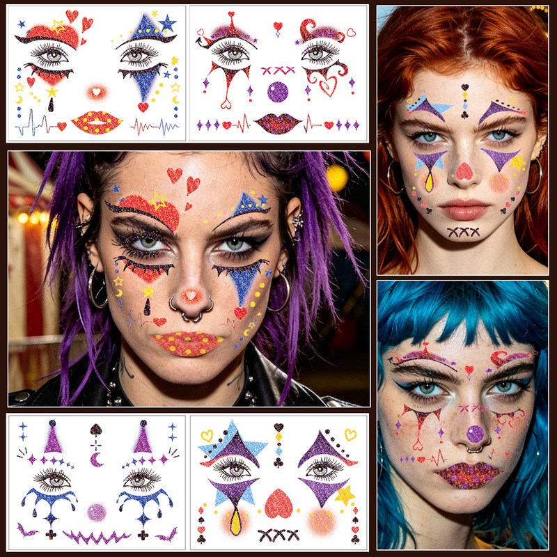New Cross-Border Amazon Glitter Clown Face Stickers Halloween Tattoo Stickers Poker Party Temporary Tattoo Stickers