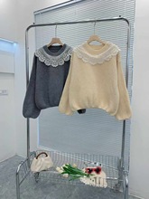 韩国直邮东大门代购 秋冬新款蕾丝圆领百搭显瘦针织衫女