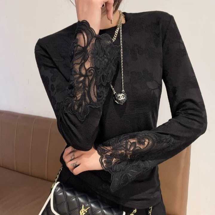 2026 Spring New Style New Chinese Style Heavy Craft Fashion Lace Patchwork Jacquard Long Sleeve T-Shirt National Style Blouse A10265 2026 Spring New Style New Chinese Style Heavy Craft Fashion Lace Patchwork Jacquard Long Sleeve T-Shirt National Style Blouse A10265