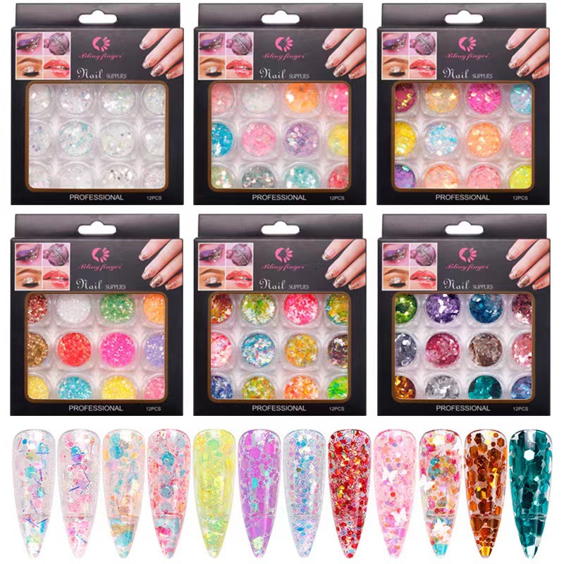 Internet celebridad nueva uñas lentejuelas de cristal 12 colores traje flash mezclado brillo lentejuelas DIY uñas adorno Decoración