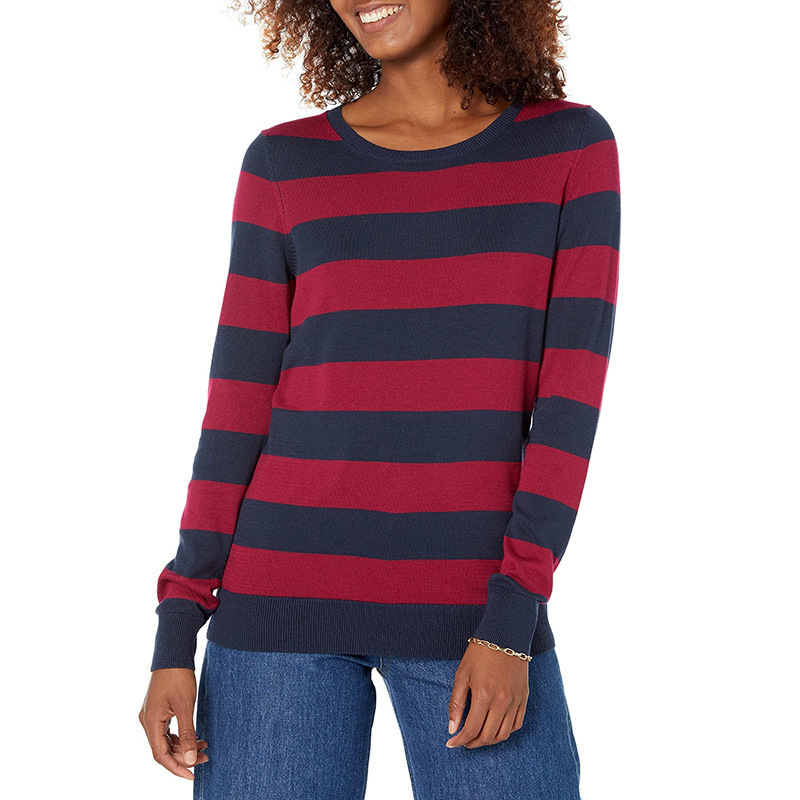 New Autumn and Winter Round-Neck Color-Block Striped Sweater, Rugby Stripe Loose-Fitting Base Layer Sweater for Women