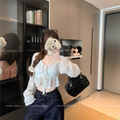板栗可可Bankelili'薄纱月光'蕾丝刺绣灯笼袖V领绑带防晒罩衫女夏