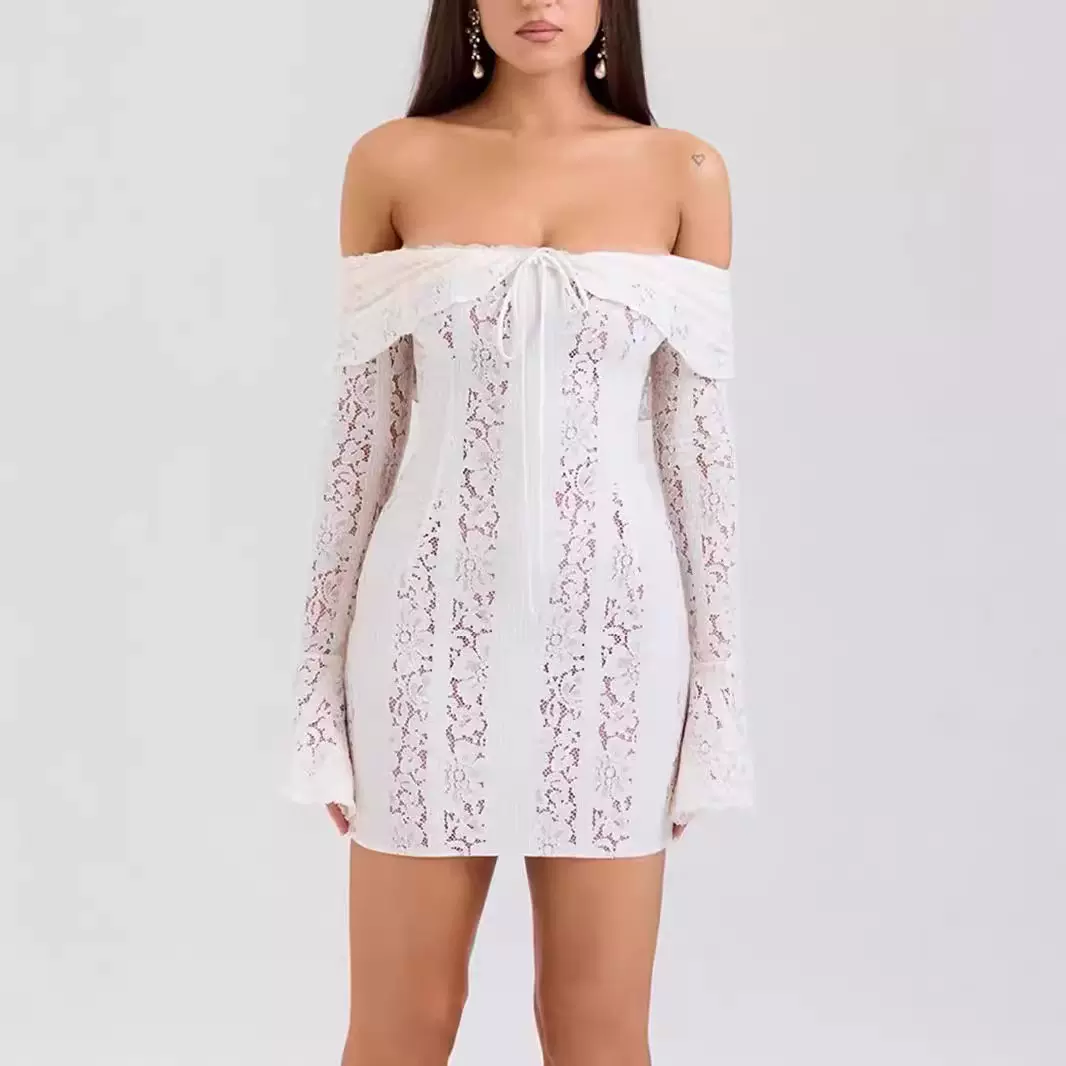 气质白色一字肩长袖紧身蕾丝连衣裙收腰性感包臀裙