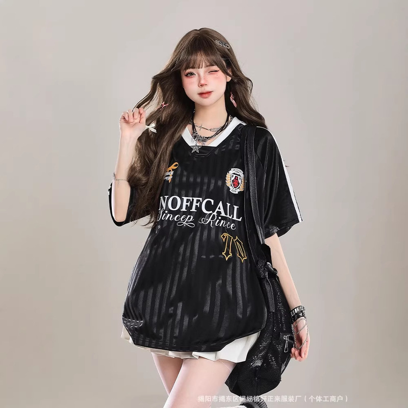 American-Style Letter V Sports Long-Sleeved Clothing, Short-Sleeved T-Shirt for Women, Summer Ootd, Jersey-Style Loose Half-Sleeved Top