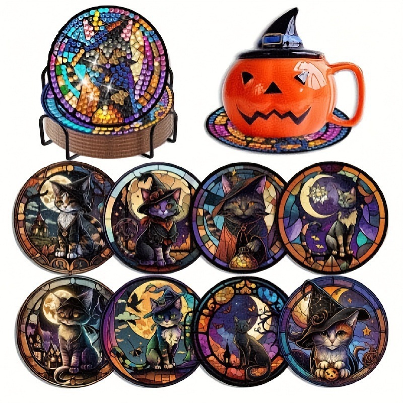 Ventas transfronterizas calientes de 8 piezas de conjunto de cojín de taza de arte de diamante, con soporte, pequeño conjunto de pintura de diamante, adecuado para adultos