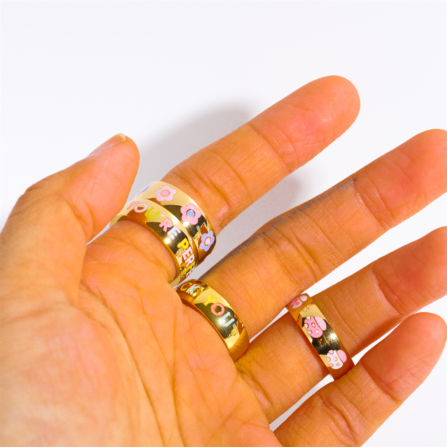 Letter, Flower Pattern Cute Letter Flower Titanium Steel Enamel Rings