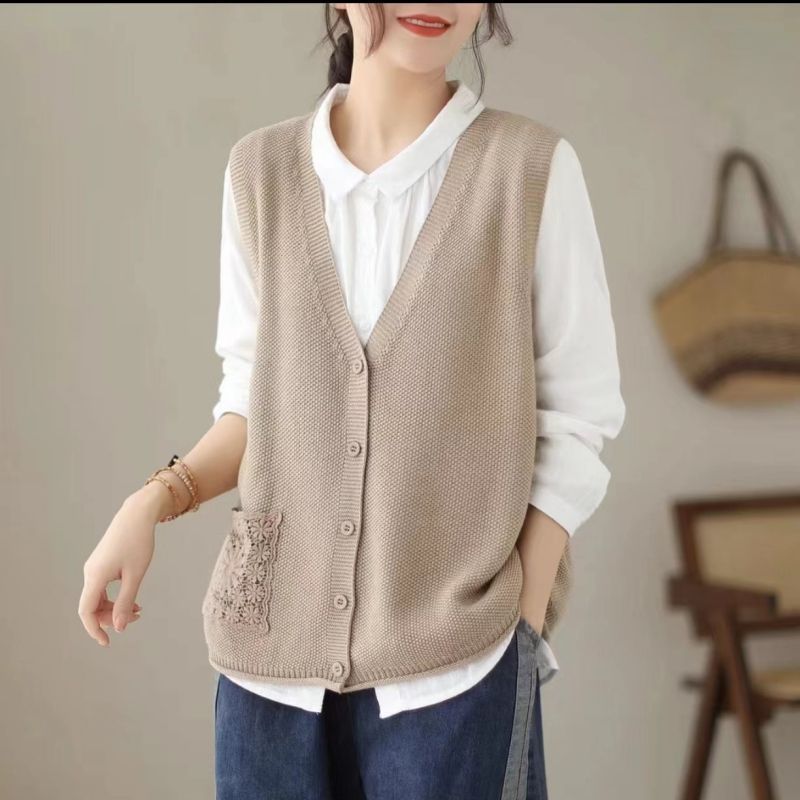 【 Cashmere Family 】 Wollstrickjacke ärmelloser Pullover vielseitige lose Weste Schulteroberteil Damen Herbst_voghion.com