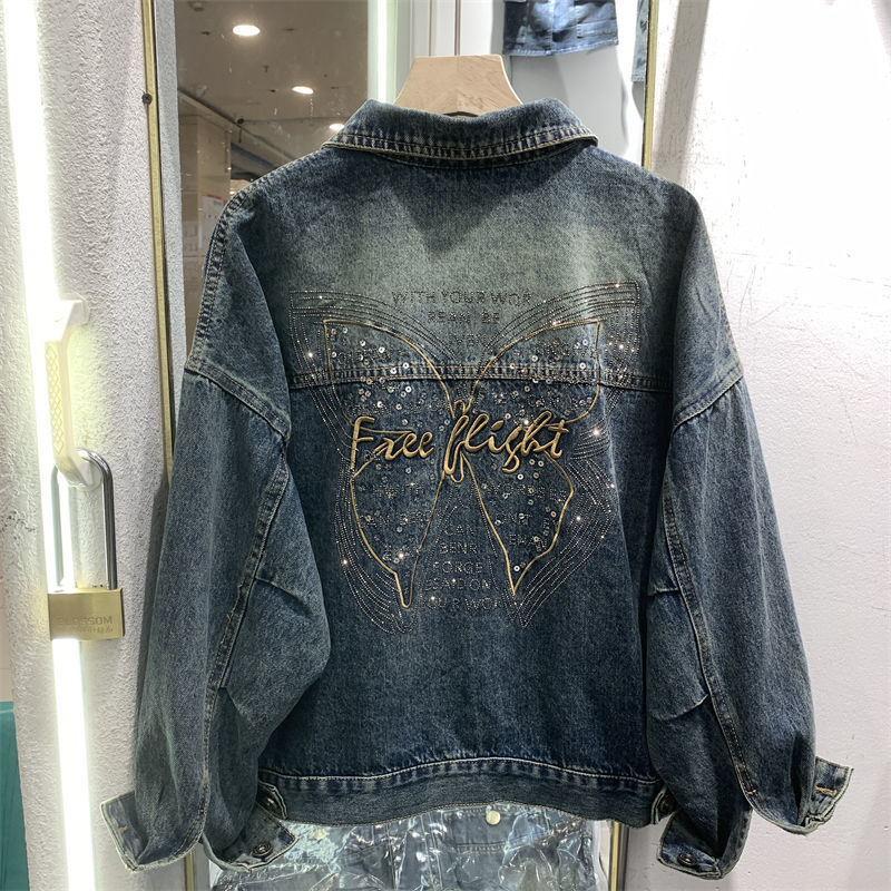 Shanli Dadi Hong Kong Style Denim Jacket for Women with a High-End Feel, Butterfly Rhinestone Jacket, 2025 Autumn New Model with Pocket Design