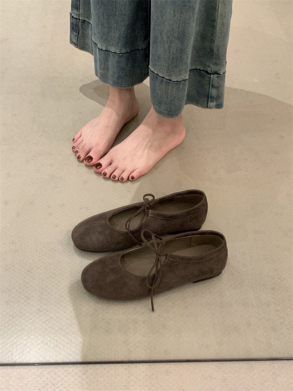 圆头绑带绒面平底芭蕾浅口软底久站通勤小单鞋新款玛丽珍瓢鞋|undefined