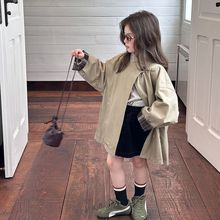 女童秋装竹节棉风衣宝宝洋气时髦外套中大儿童韩版中长款立领大衣