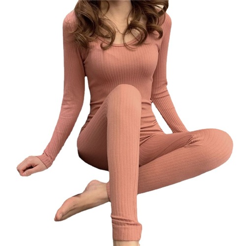 Women's Autumn Set of Warm Thermal Innerwear, Compression Top and Bottom, Seamless Crew Neck Bear Set