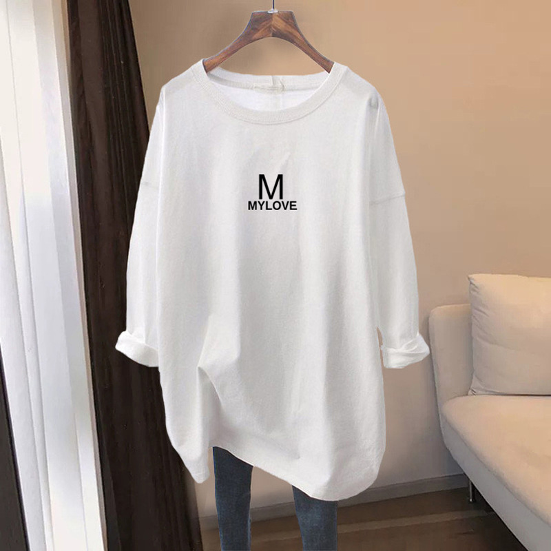 Cotton Long-sleeved T-shirt Women's Loose Mid-length Shirt with Shark Pants White Top plus size Base Shirt Spring Autumn Winter Cotton Long-sleeved T-shirt Women's Loose Mid-length Shirt with Shark Pants White Top plus size Base Shirt Spring Autumn Winter