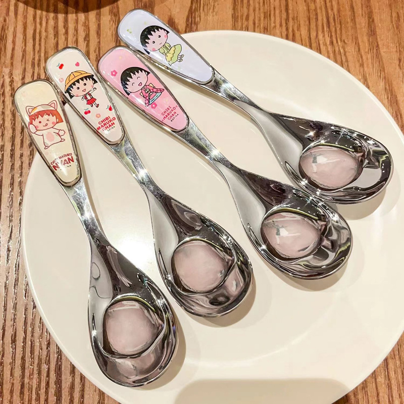 正版樱桃小丸子元宝勺儿童餐具家用不锈钢勺子平底勺调羹小勺汤勺|undefined