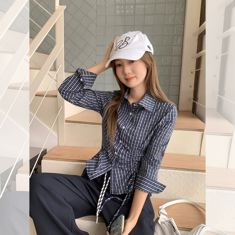 实拍 韩版格纹翻领抽绳收腰衬衣女2025秋季百搭复古长袖衬衫上衣|undefined