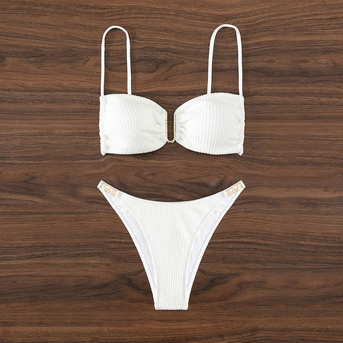 2024 European and American Solid Color Bustier Beach Bikini Alipay Triangle Separating Hot Spring Swimsuit Women's Style