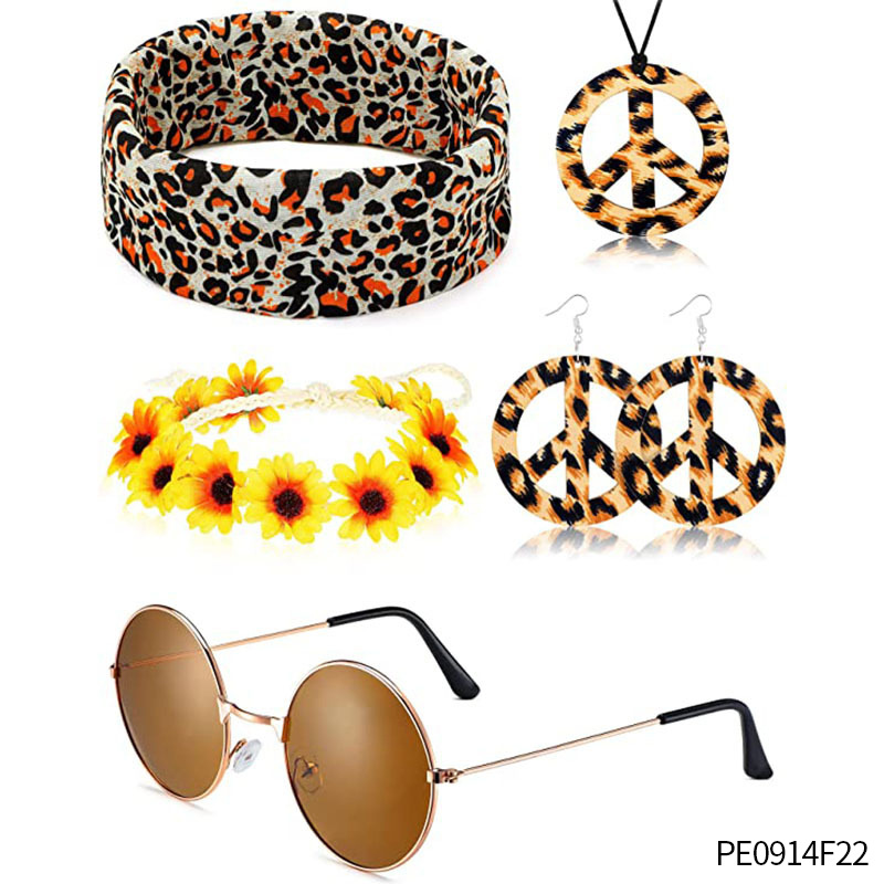 Accesorios de vestir hippies de la década de 1960, diadema de girasol, gafas redondas, conjunto de aretes de collar de talismán de paz