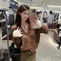 韩系甜辣风套装女蕾丝衬衫一整套ootd穿搭立体花朵咖色毛衣外套潮