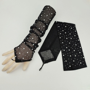 Fashionable Sparkling Diamond Mesh Bouncy Black Lace Elastic Colored Diamond Fingerless Gloves Halloween Stage Performance Accessories