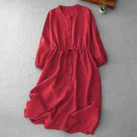 2025春夏新款红色圆领七分袖连衣裙女中长款 百搭防晒开衫外搭