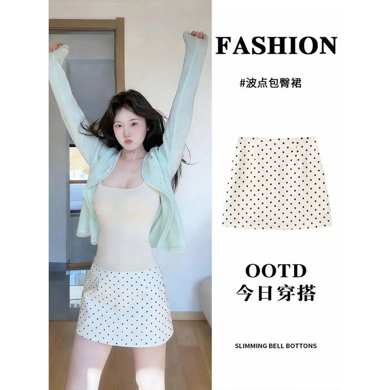 Beige and White Polka Dot A-Line Skirt for Early Spring, Women's Hip-Hugging Short Skirt Made of High-Density Chiffon with Pleats Beige and White Polka Dot A-Line Skirt for Early Spring, Women's Hip-Hugging Short Skirt Made of High-Density Chiffon with Pleats