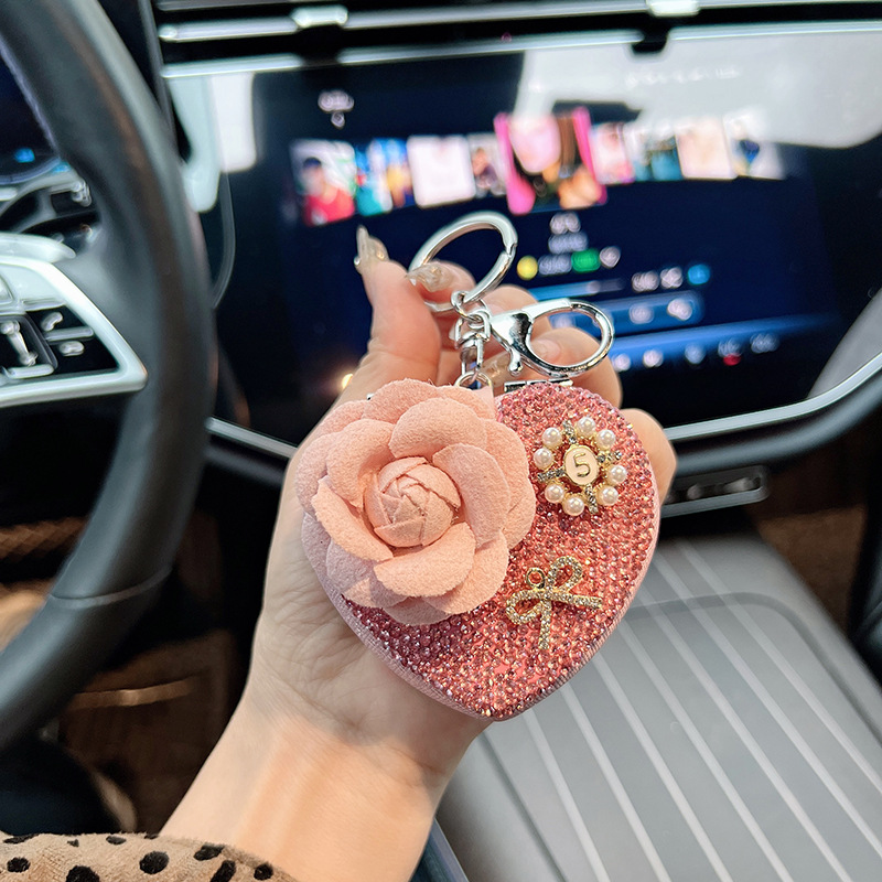 Nuevo camellia amor espejo llavero de diamante espejo plegable portátil llavero de automóvil cuentas bolsa colgante