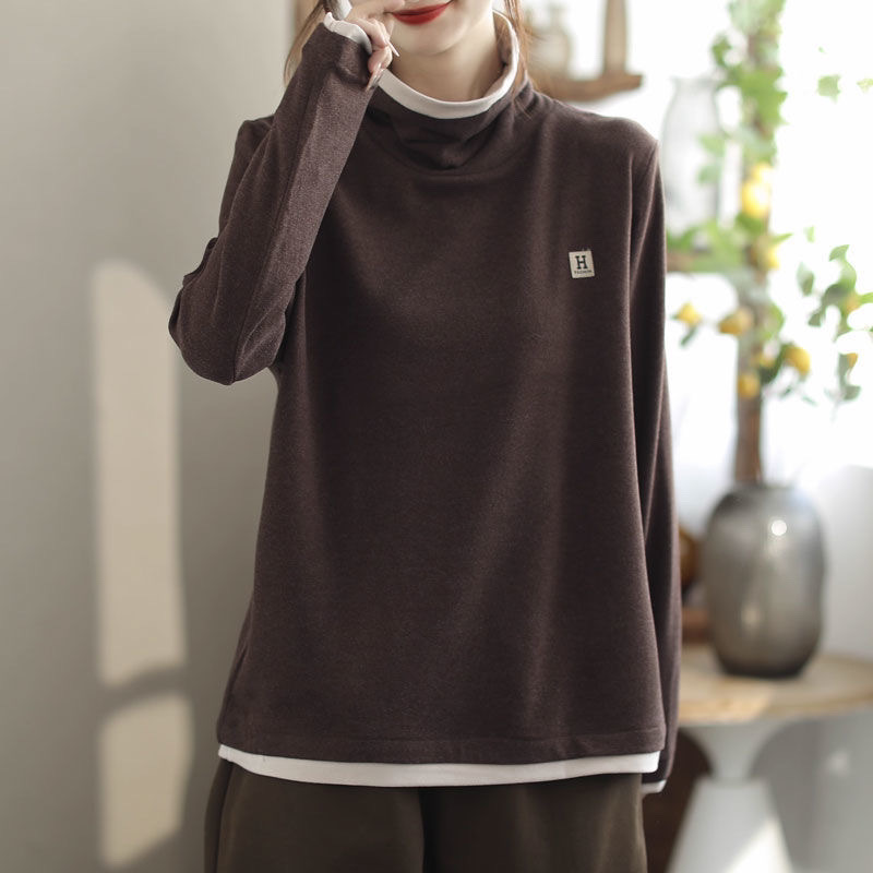 양면 벨벳 스웨터 여성의 두꺼운 가짜 투피스 디자인베이스 벨벳 스웨터 여성의 겨울 새로운 우아한 더미 칼라 탑