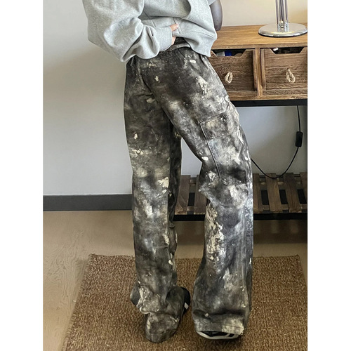 Vibe-style American high street retro printed camouflage work pants for men and women, gender-neutral loose niche straight-leg jeans