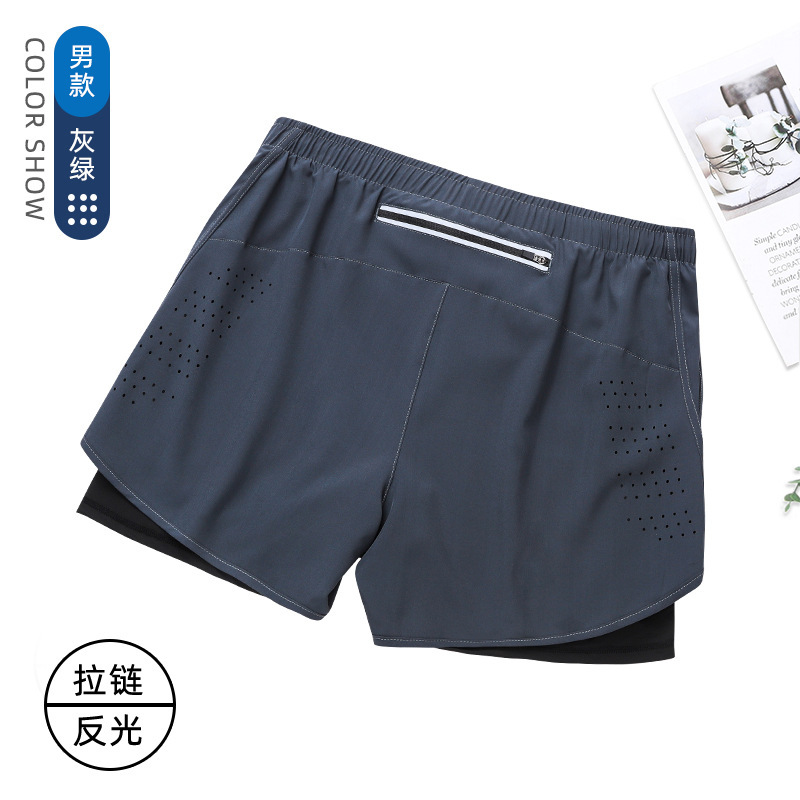 夏のスポーツパンツ男性速乾通気二重防光偽二枚トレーニング三分ズボンフィットネスランニングパンツ|undefined