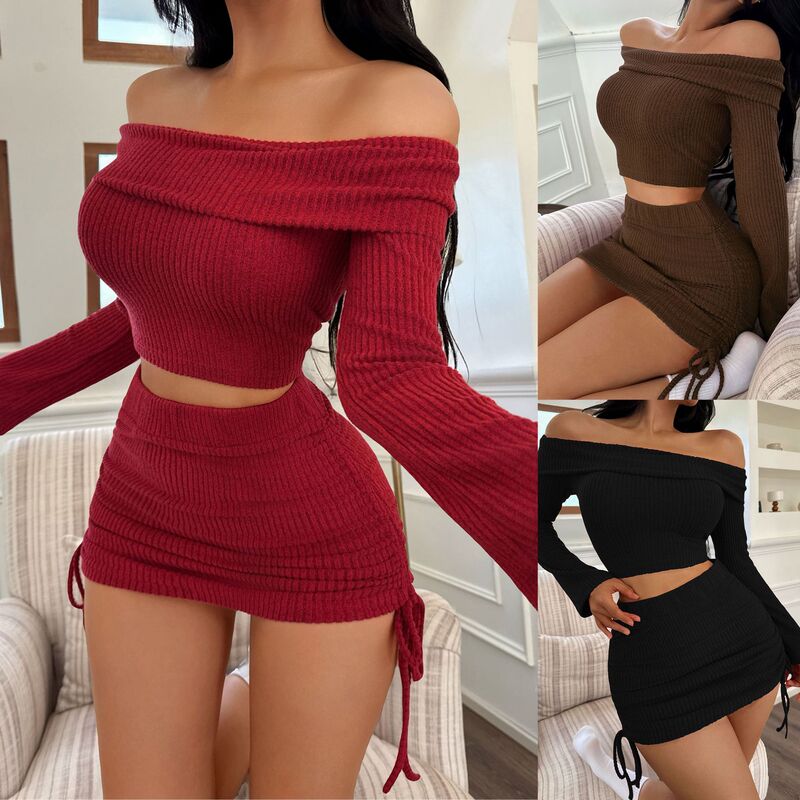 European and American Cross-Border Autumn and Winter Women's Fashionable and Sexy Knitted Short One-Line Off-Shoulder Long-Sleeved Sweater and Skirt Suit for Women European and American Cross-Border Autumn and Winter Women's Fashionable and Sexy Knitted Short One-Line Off-Shoulder Long-Sleeved Sweater and Skirt Suit for Women