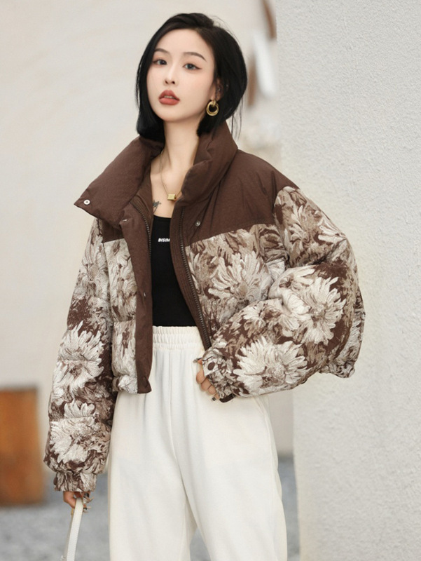 潮流迷彩印花款羽绒服女短款2025冬季新款设计感立领保暖面包服潮|undefined