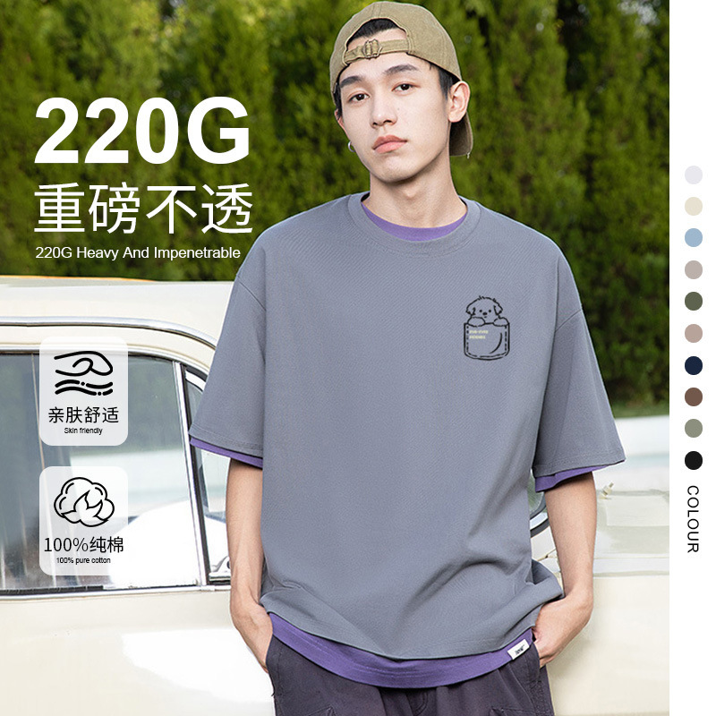 Summer Heavyweight Pure Cotton Short-Sleeved T-Shirt Men's Sports Casual Half-Sleeved Breathable Round Neck Top National Fashion Printed Bottoming Shirt