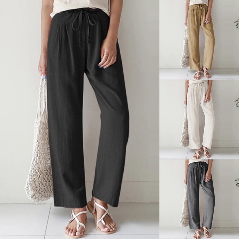 Spring and summer Amazon 2023 cross-border new leisure women's solid color straight leg elastic waist cotton linen foreign trade women's trousers