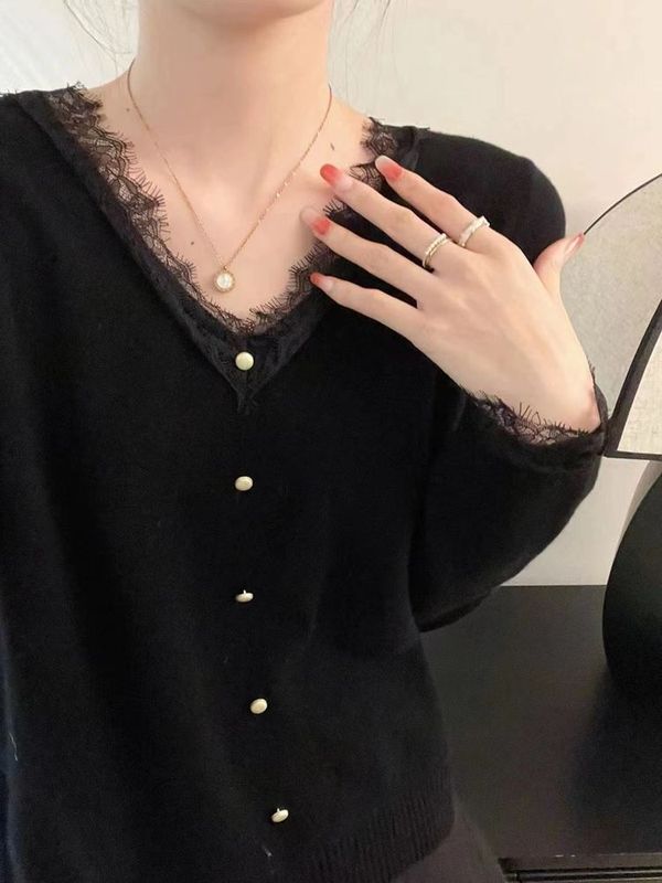 高级感超好看蕾丝V领内搭针织打底衫毛衣秋季女装超好看慵懒上衣|undefined
