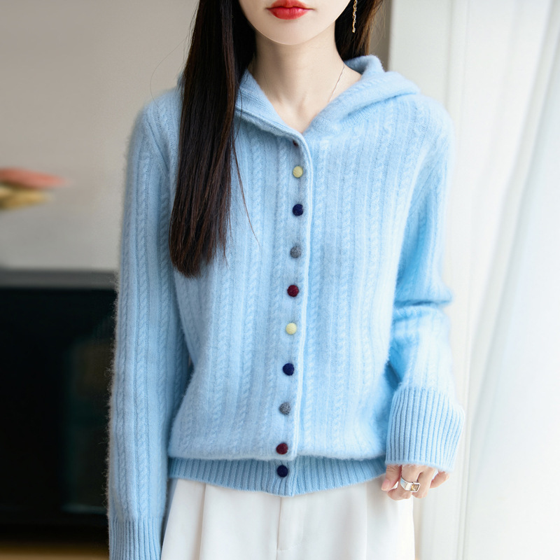 重磅加厚100纯羊毛开衫女秋冬毛衣宽松上衣连帽羊绒针织女装外套|undefined