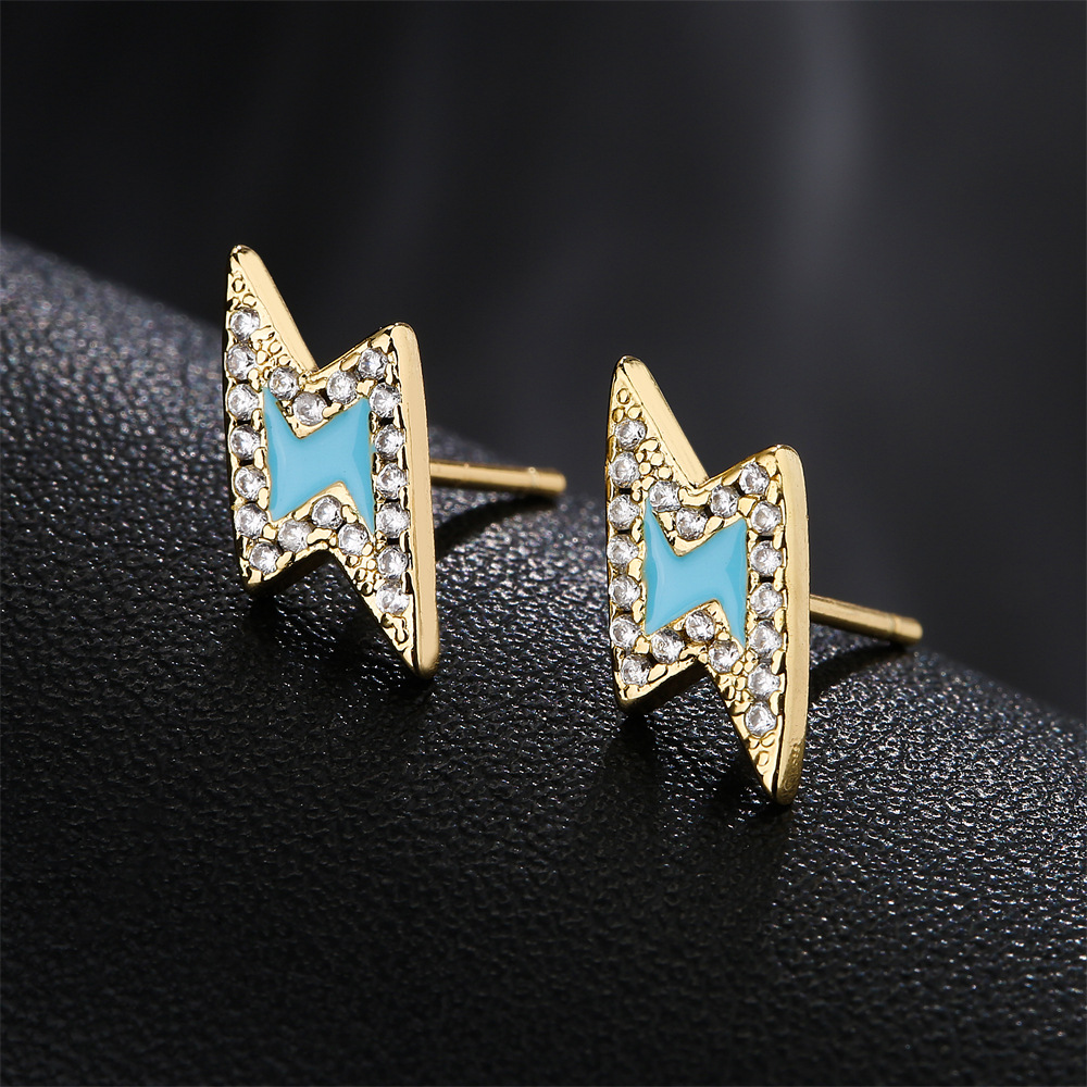 Fashion Oil Drop Copper Plated 18k Gold Micro-set Zircon Lightning Stud Earrings Female New display picture 2