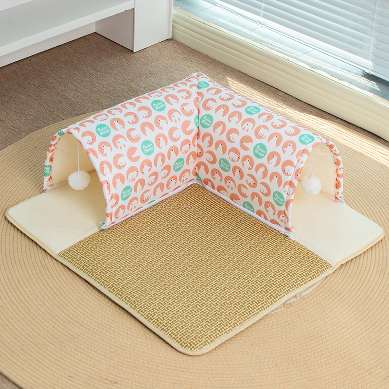 Verano nuevo túnel de nido de gato transfronterizo, nido de gato, juego y sueño, nido de gato integrado, patrón de patas de gato gris, nido de gato al por mayor