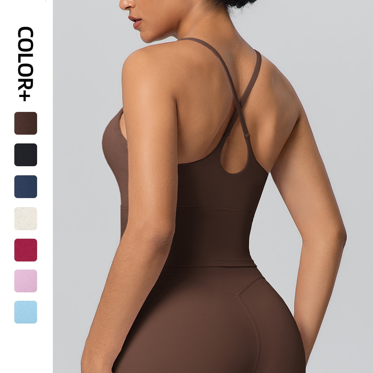 Nuevo color sólido transfronterizo de doble cara de nylon cruzado belleza de espalda ropa interior deportiva apretada para correr fitness ropa de yoga camisa mujer image 1