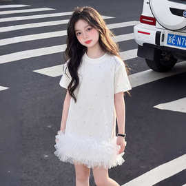 女童夏装短袖网纱拼接连衣裙2026新款中小童韩版洋气休闲中长裙潮