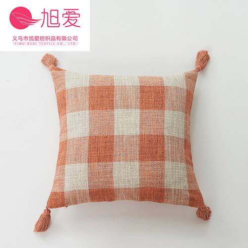 Xuai thickened new yarn-dyed cotton and linen texture striped plaid solid color tassel pillowcase wholesale in two sizes