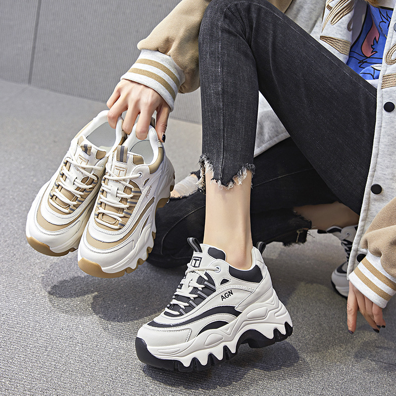 Ins-Style Dad Shoes for Women, Spring 2025, Height-Increasing by 8cm, Leather Casual Shoes, Versatile Thick-Soled Sneakers, High-Heeled