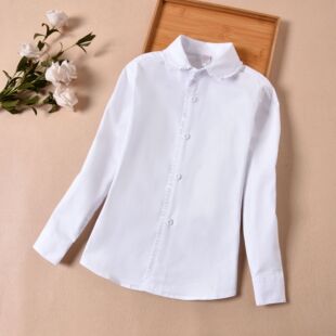 Girls White Shirt Long Sleeve Cotton Lace Crewneck Spring and Autumn Big Children Primary School School Uniform Children's White Shirt