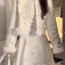 秋冬新中式国风复古改良旗袍碎花连衣裙毛边拼接短款外套时尚套装