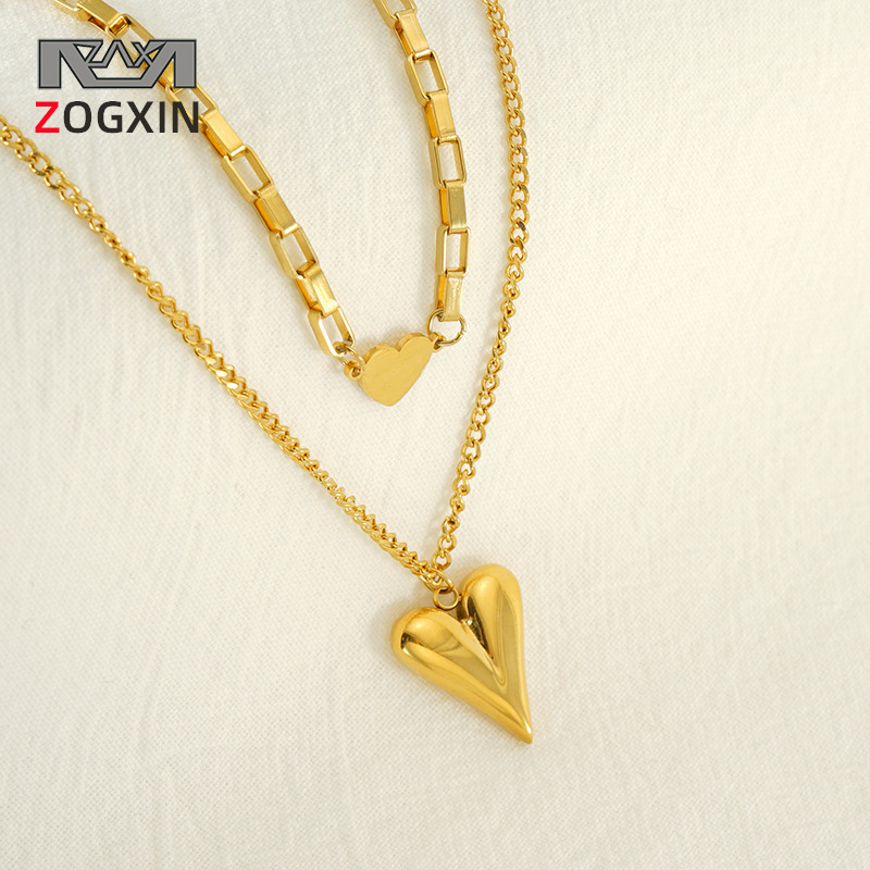 Nuova collana a doppio strato con cuore in acciaio al titanio, temperamento versatile, catena per clavicola in oro per donna_voghion.com