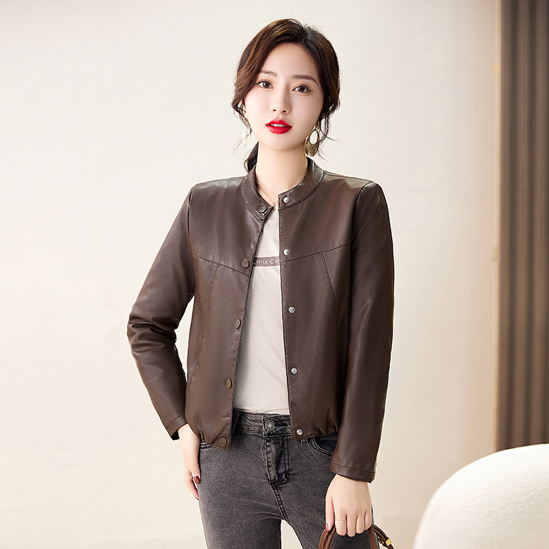 Brand High-End Leather Jacket Women's Jacket Short Velvet Slim Casual Round Neck Autumn and Winter New Motorcycle Jacket