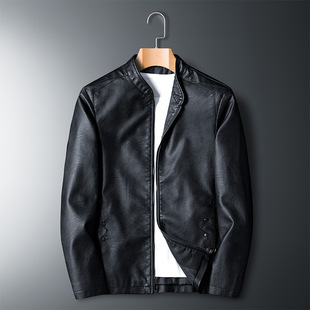 Cross-border wholesale plus size men's motorcycle U leather spring new thin coat solid color stand collar slim leather jacket