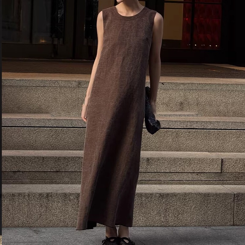 Minimalist Style Black Linen Sleeveless Dress for Women, Round Neck, Loose Straight Cut, Textured Long Tank Dress