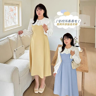 现货k2985大码女装娃娃领假两件连衣裙法式学院微胖mm大码连衣裙