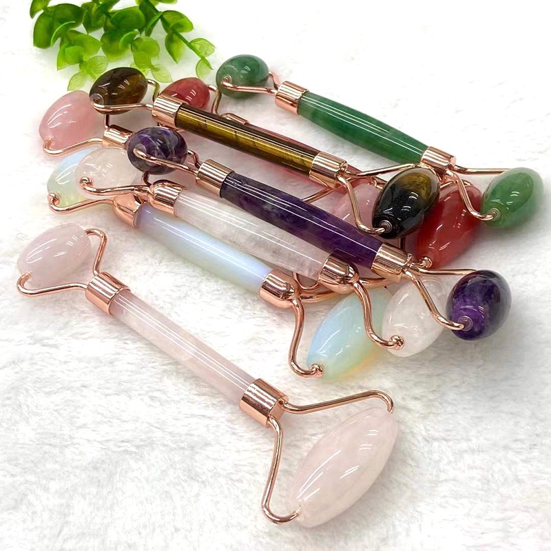 厂家直供天然石粉晶紫晶玉石滚轮按摩器 家用 面部双头滚轮批发